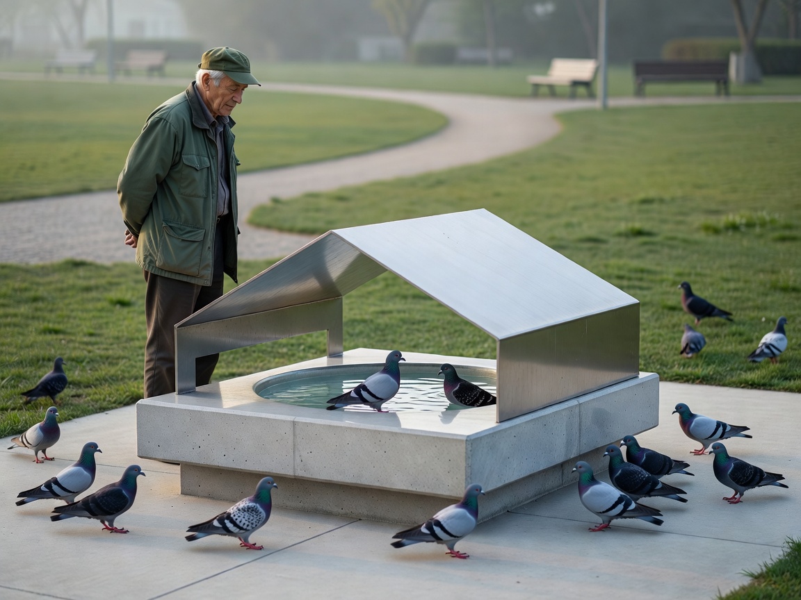 Keeper calmly observing pigeons beside a clean, sheltered drinking-water station