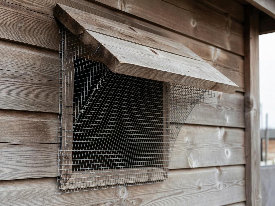 Loft ventilation opening protected by secure mesh and an overhanging rain baffle