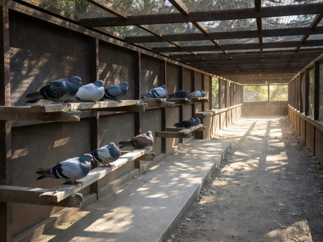 Pigeons resting on dry shaded perches beside a protected open-air section