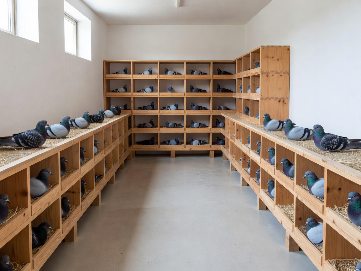 Well-organised pigeon loft showing separated resting shelves and an unobstructed keeper route